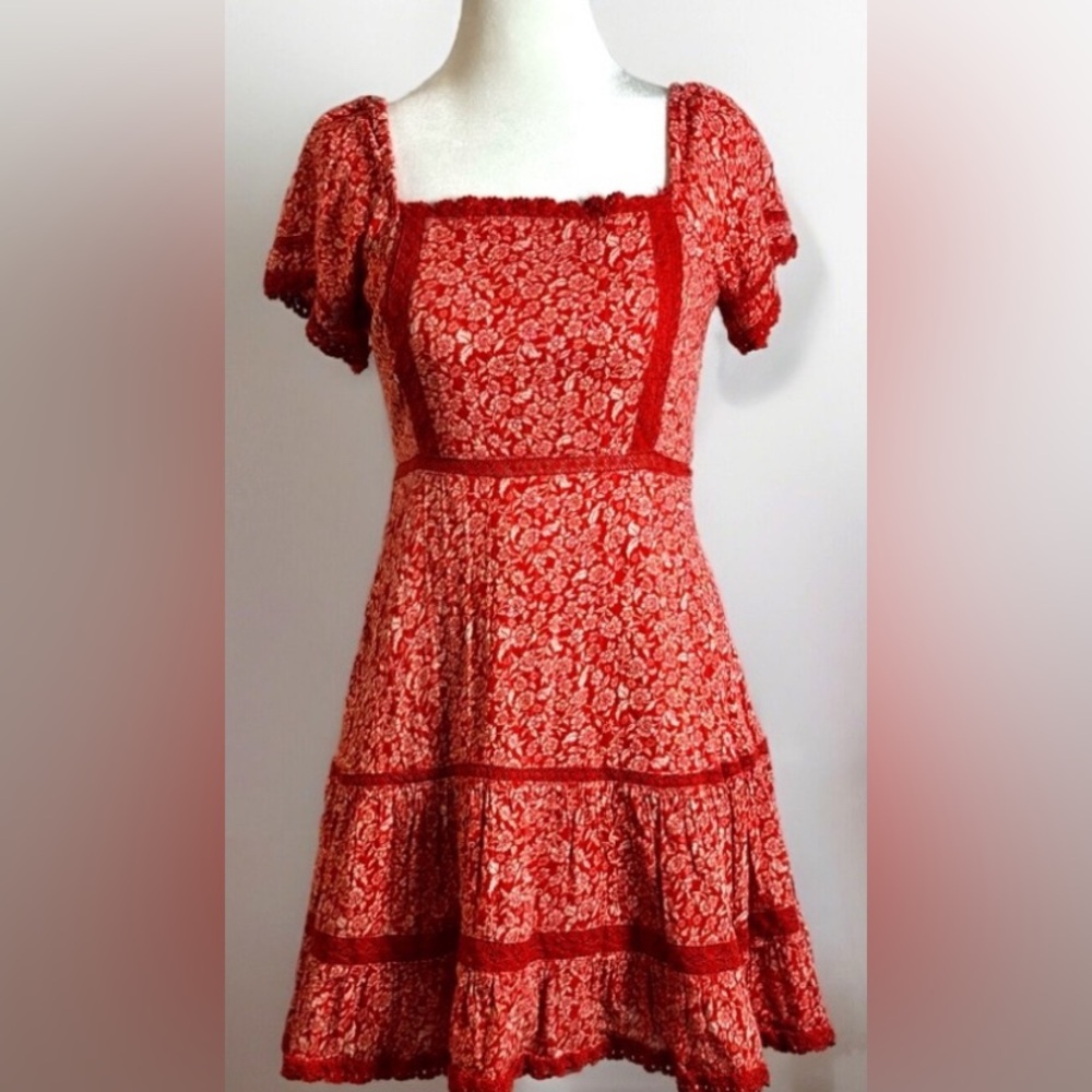 Red Floral Cottagecore Festival Boho Puff Sleeve Tiered Mini Dress Size Small